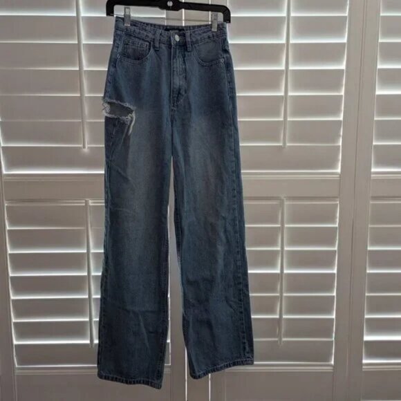 *3 FOR $9* Missguided Wide Leg Straight Fit Light Wash Rinse High Rise Pant Jean - Picture 1 of 4